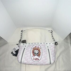 Ed Hardy Skull Design Shoulder Bag in White and Pink